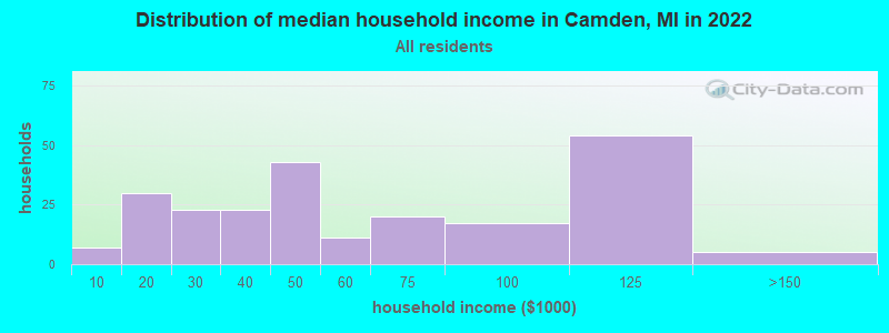 Distribution of median household income in Camden, MI in 2019