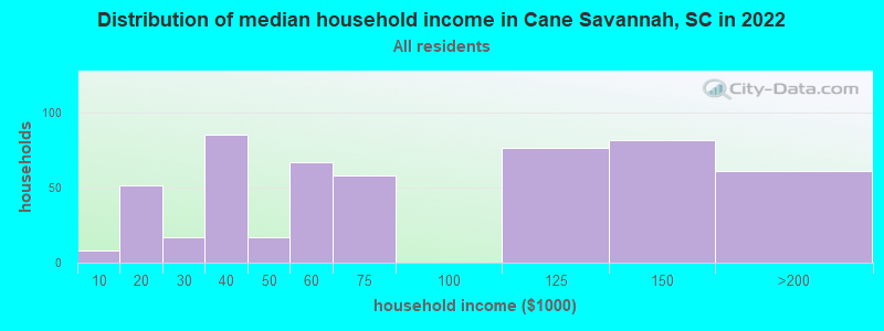Distribution of median household income in Cane Savannah, SC in 2022