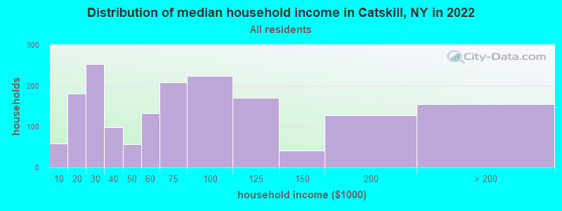 Distribution of median household income in Catskill, NY in 2022