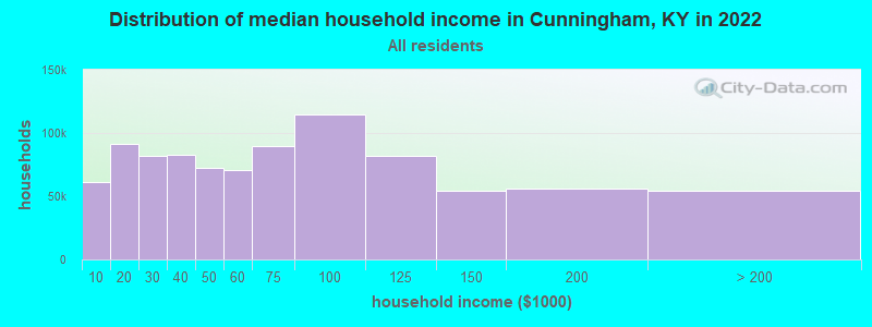Distribution of median household income in Cunningham, KY in 2022