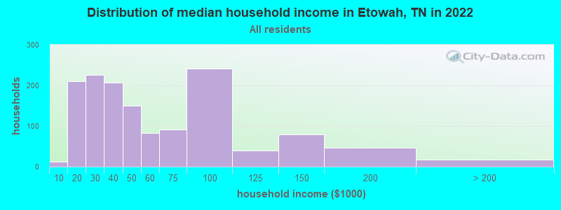 Distribution of median household income in Etowah, TN in 2021