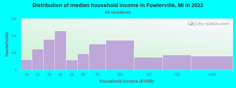Distribution of median household income in Fowlerville, MI in 2022