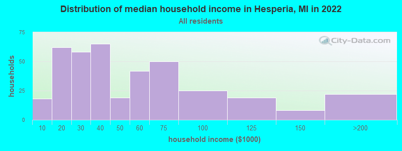 Distribution of median household income in Hesperia, MI in 2021