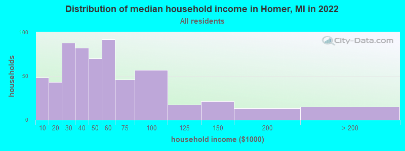 Distribution of median household income in Homer, MI in 2022