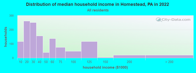 Distribution of median household income in Homestead, PA in 2021