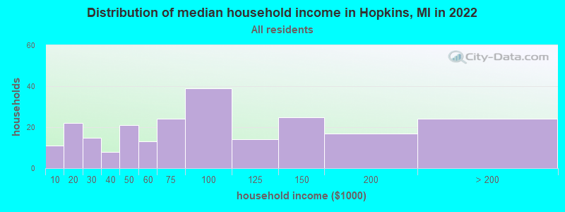 Distribution of median household income in Hopkins, MI in 2022