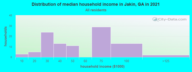 Distribution of median household income in Jakin, GA in 2022