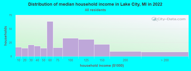 Distribution of median household income in Lake City, MI in 2021