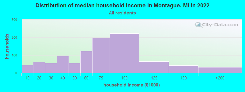 Distribution of median household income in Montague, MI in 2022