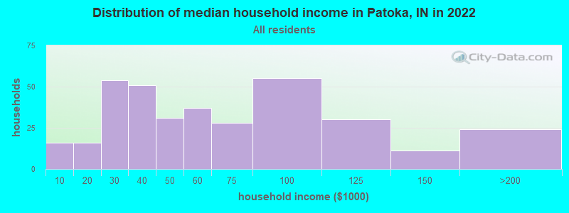 Distribution of median household income in Patoka, IN in 2019