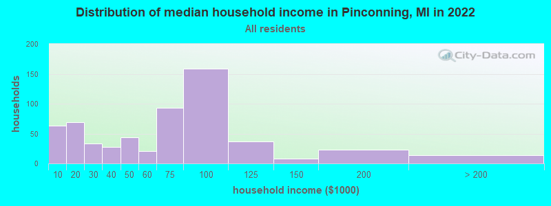 Distribution of median household income in Pinconning, MI in 2022