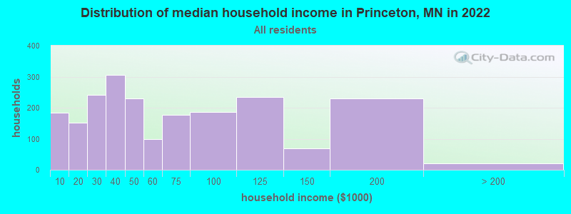 Distribution of median household income in Princeton, MN in 2019