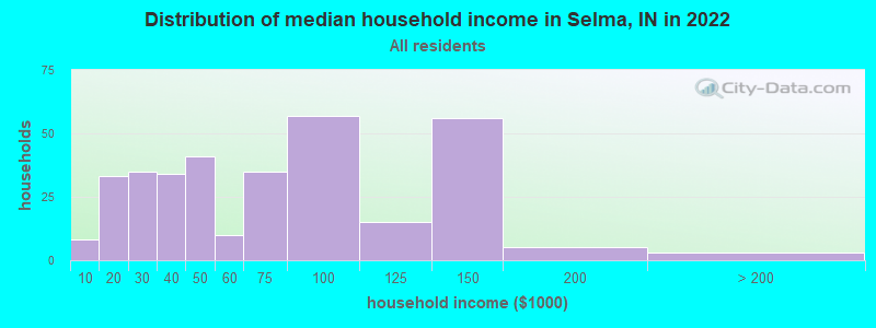 Distribution of median household income in Selma, IN in 2022
