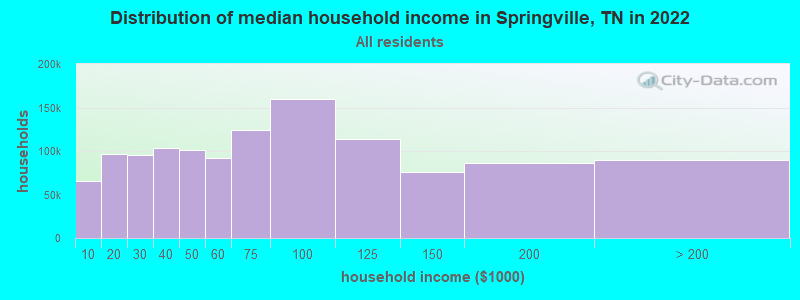 Distribution of median household income in Springville, TN in 2022