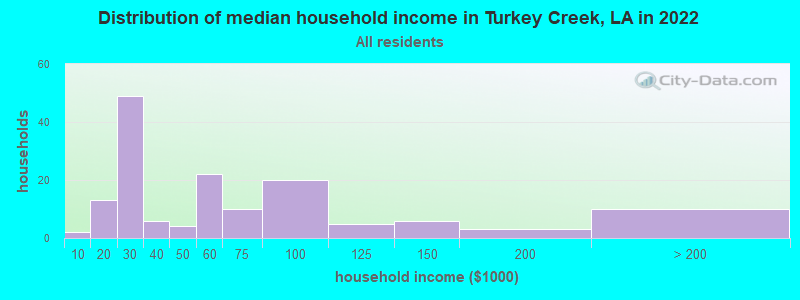 Distribution of median household income in Turkey Creek, LA in 2019