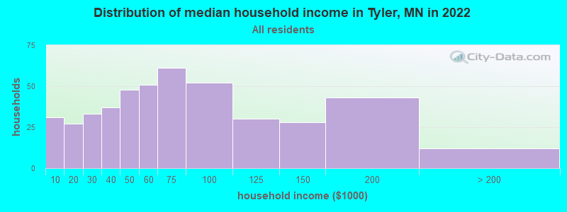 Distribution of median household income in Tyler, MN in 2022