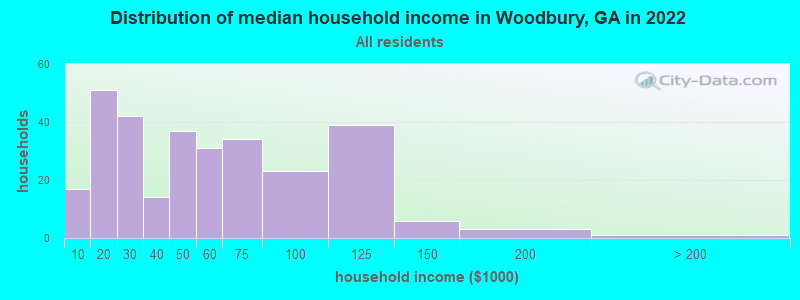 Distribution of median household income in Woodbury, GA in 2019