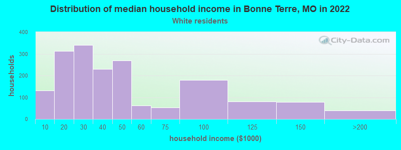Distribution of median household income in Bonne Terre, MO in 2022