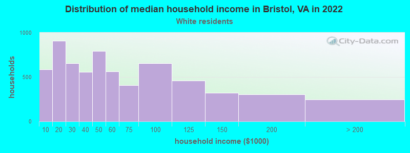 Distribution of median household income in Bristol, VA in 2022