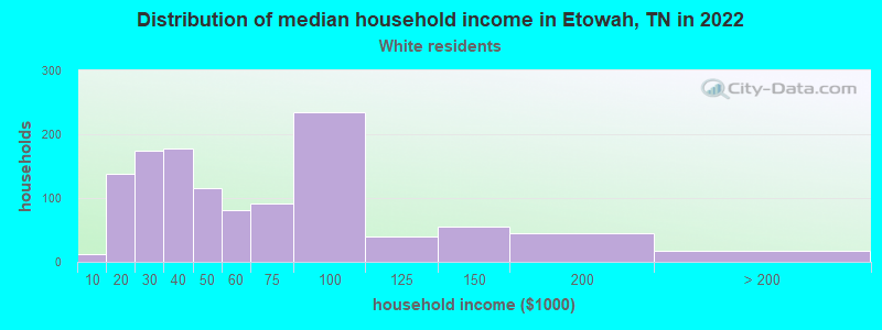Distribution of median household income in Etowah, TN in 2022