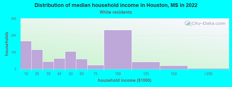Distribution of median household income in Houston, MS in 2022