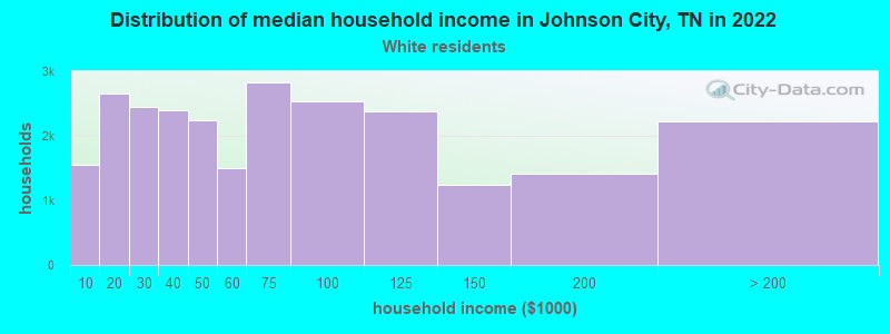 Distribution of median household income in Johnson City, TN in 2022
