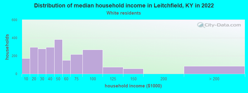 Distribution of median household income in Leitchfield, KY in 2022