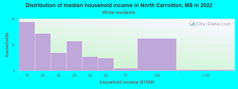 Distribution of median household income in North Carrollton, MS in 2022
