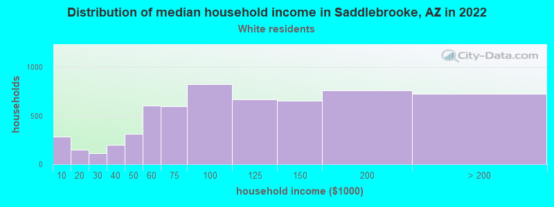 Distribution of median household income in Saddlebrooke, AZ in 2022