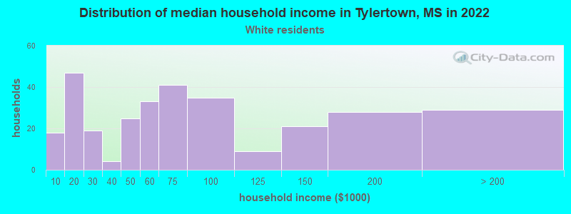 Distribution of median household income in Tylertown, MS in 2022