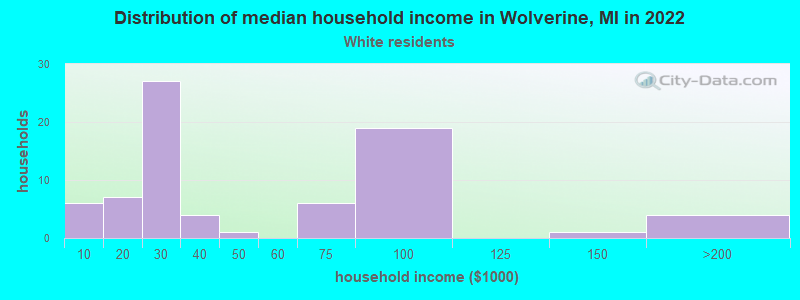 Distribution of median household income in Wolverine, MI in 2022