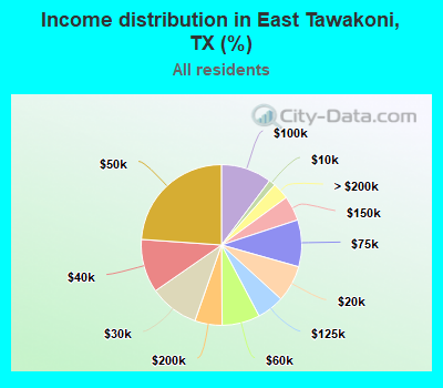 Income distribution in East Tawakoni, TX (%)