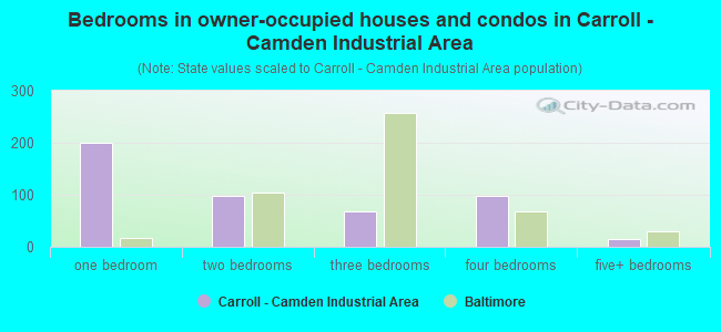 Bedrooms in owner-occupied houses and condos in Carroll - Camden Industrial Area