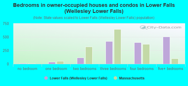 Bedrooms in owner-occupied houses and condos in Lower Falls (Wellesley Lower Falls)