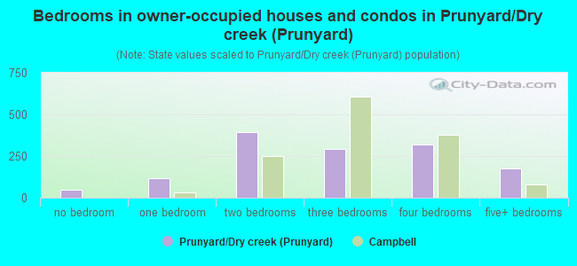 Bedrooms in owner-occupied houses and condos in Prunyard/Dry creek (Prunyard)