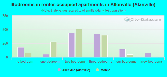 Bedrooms in renter-occupied apartments in Allenville (Alanville)