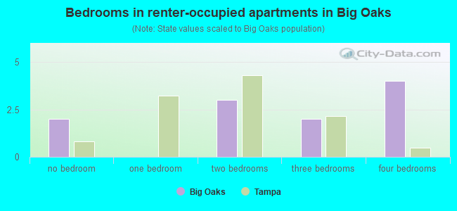 Bedrooms in renter-occupied apartments in Big Oaks