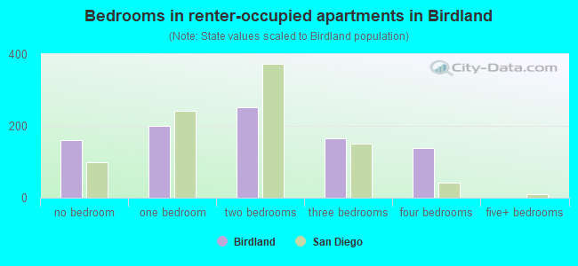 Bedrooms in renter-occupied apartments in Birdland