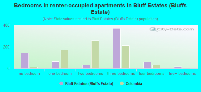 Bedrooms in renter-occupied apartments in Bluff Estates (Bluffs Estate)