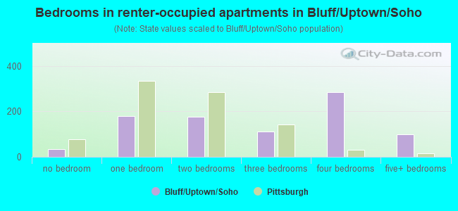 Bedrooms in renter-occupied apartments in Bluff/Uptown/Soho