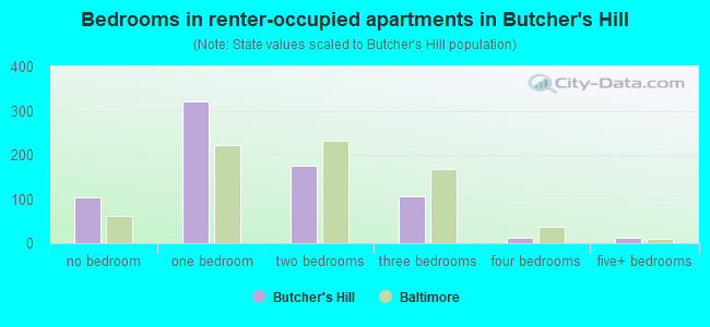 Bedrooms in renter-occupied apartments in Butcher's Hill