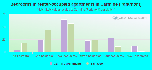 Bedrooms in renter-occupied apartments in Carmine (Parkmont)