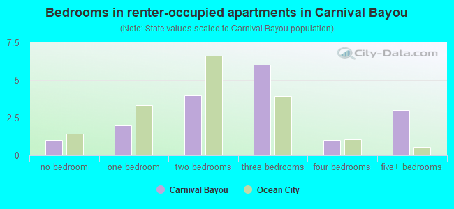 Bedrooms in renter-occupied apartments in Carnival Bayou