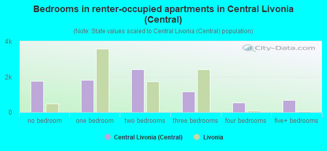 Bedrooms in renter-occupied apartments in Central Livonia (Central)