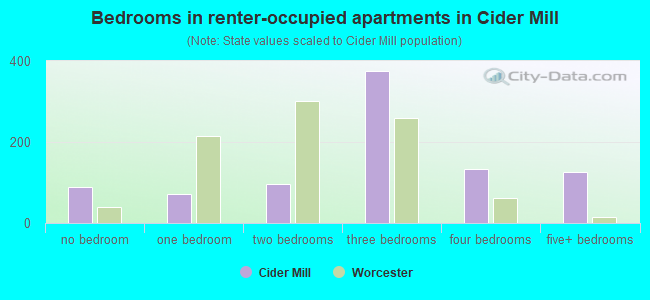 Bedrooms in renter-occupied apartments in Cider Mill