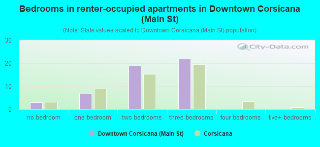 Bedrooms in renter-occupied apartments in Downtown Corsicana (Main St)