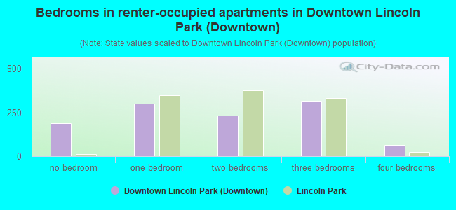 Bedrooms in renter-occupied apartments in Downtown Lincoln Park (Downtown)