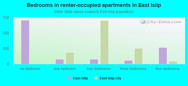 Bedrooms in renter-occupied apartments in East Islip