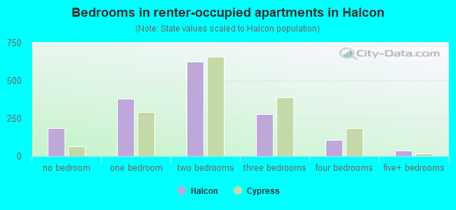 Bedrooms in renter-occupied apartments in Halcon