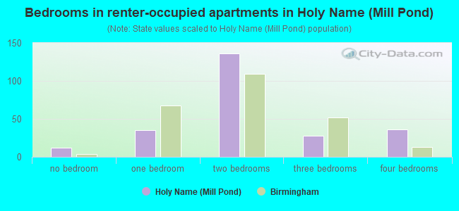 Bedrooms in renter-occupied apartments in Holy Name (Mill Pond)